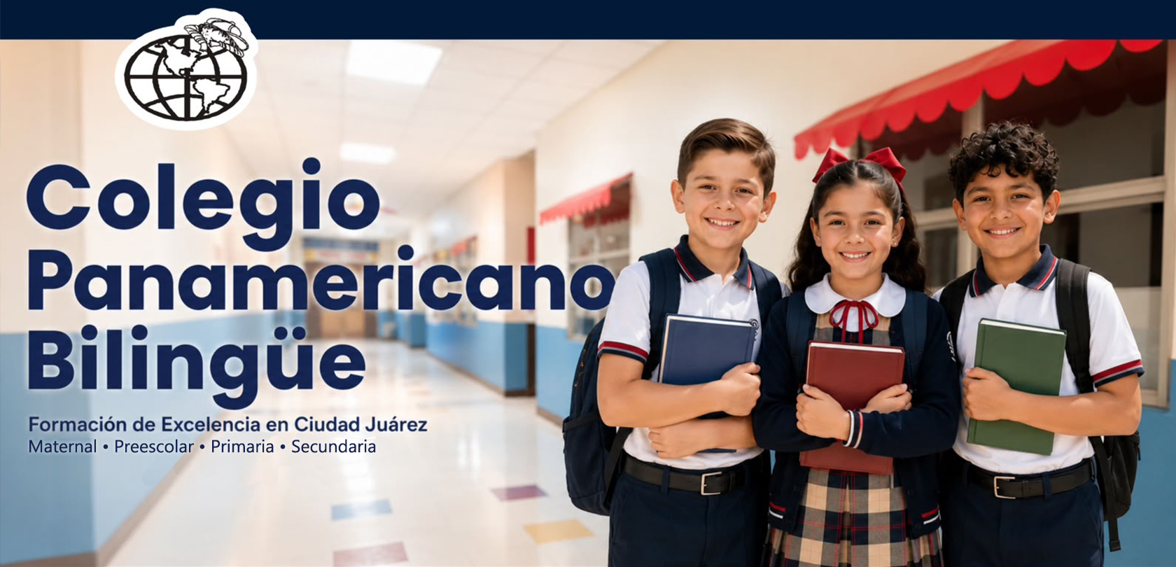 Estudiantes del Colegio Panamericano Bilingüe sonriendo con sus libros en el pasillo escolar